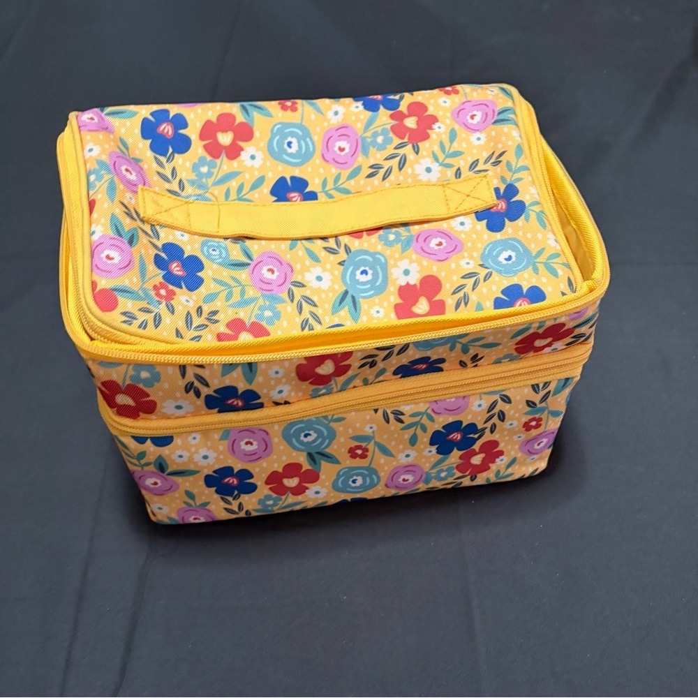 Yellow Floral Double Layer Sewing Basket Organizer Case Build-In Pincushion